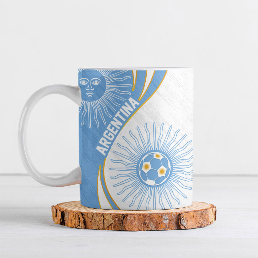 Personalized Argentina Football Fan Pride Ceramic Mug Sun Of May Motif With Distressed Textures And Waves