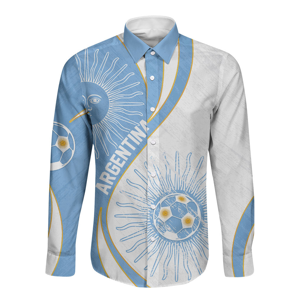 Personalized Argentina Football Fan Pride Long Sleeve Button Shirt Sun Of May Motif With Distressed Textures And Waves