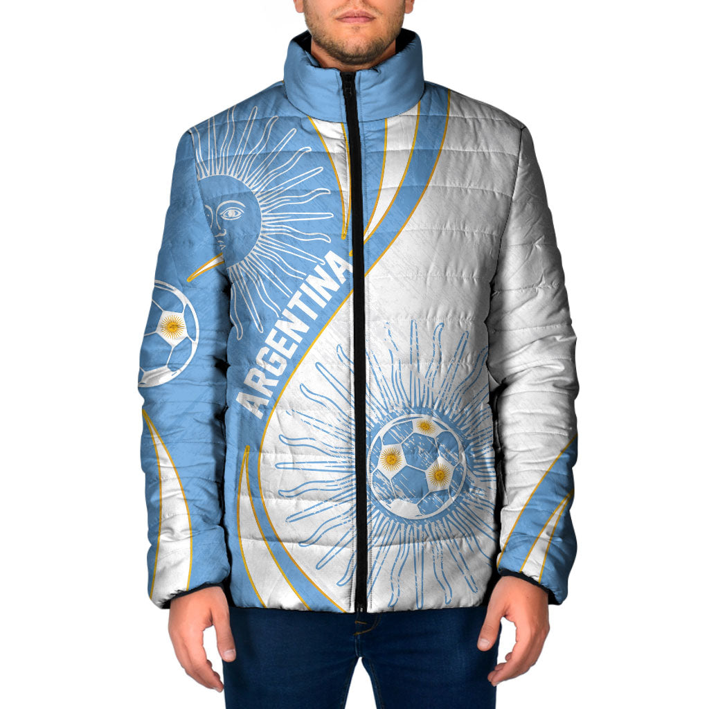 Personalized Argentina Football Fan Pride Padded Jacket Sun Of May Motif With Distressed Textures And Waves