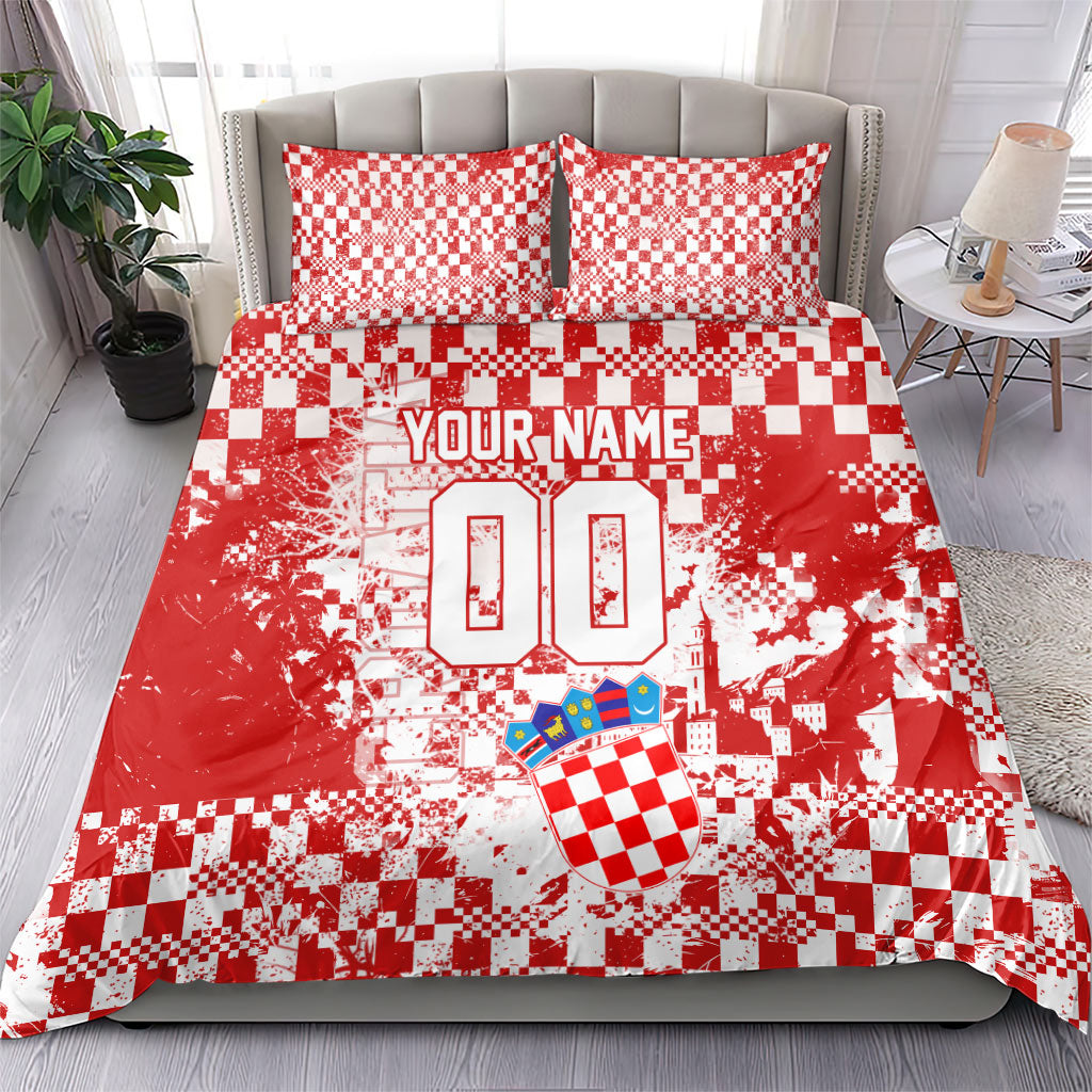 Personalized Croatia Football Wolf Mascot Bedding Set Checkerboard Soccer Pride - Splatter Textures