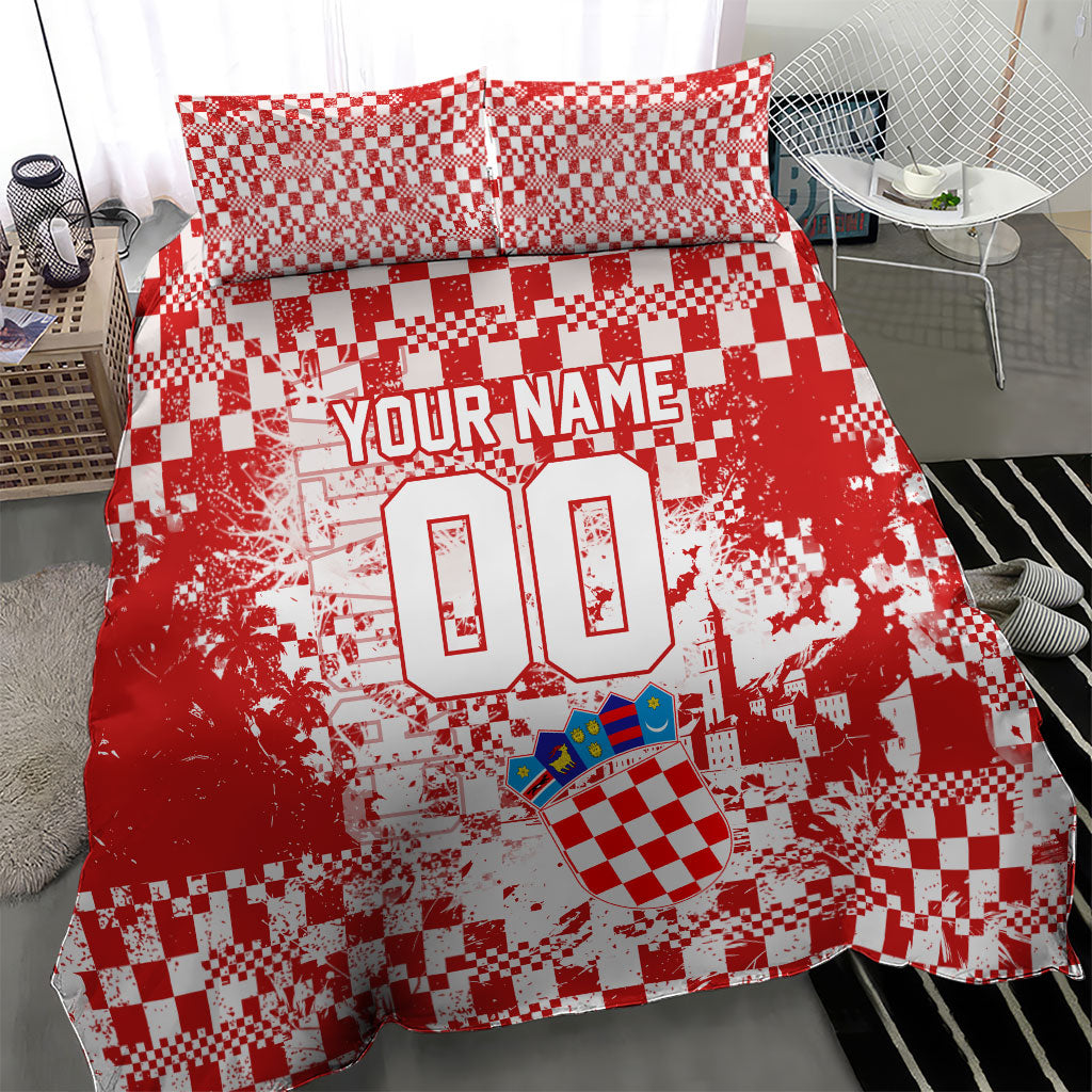Personalized Croatia Football Wolf Mascot Bedding Set Checkerboard Soccer Pride - Splatter Textures