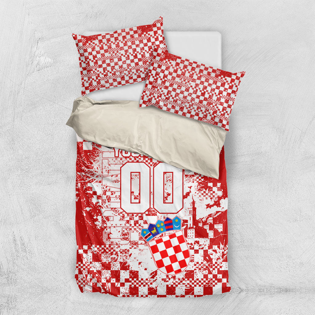 Personalized Croatia Football Wolf Mascot Bedding Set Checkerboard Soccer Pride - Splatter Textures