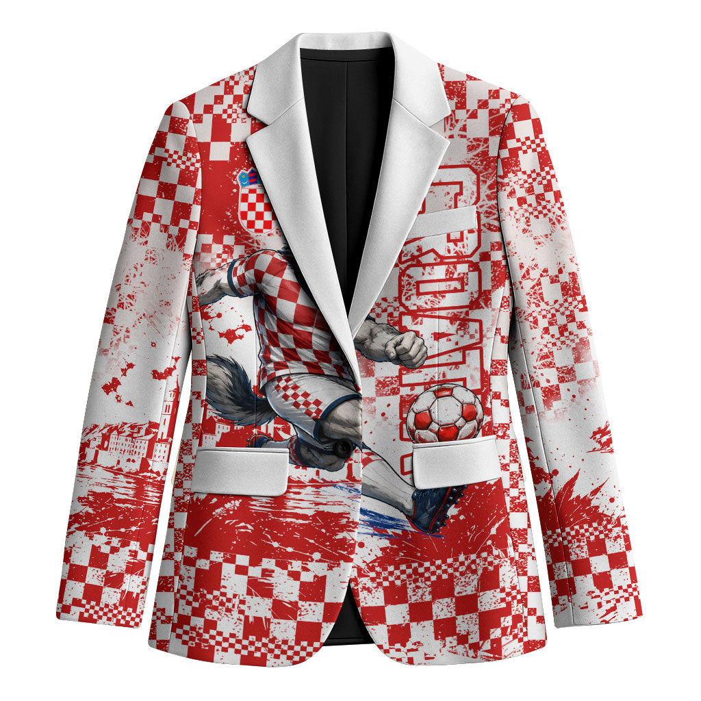 Personalized Croatia Football Wolf Mascot Blazer Checkerboard Soccer Pride - Splatter Textures