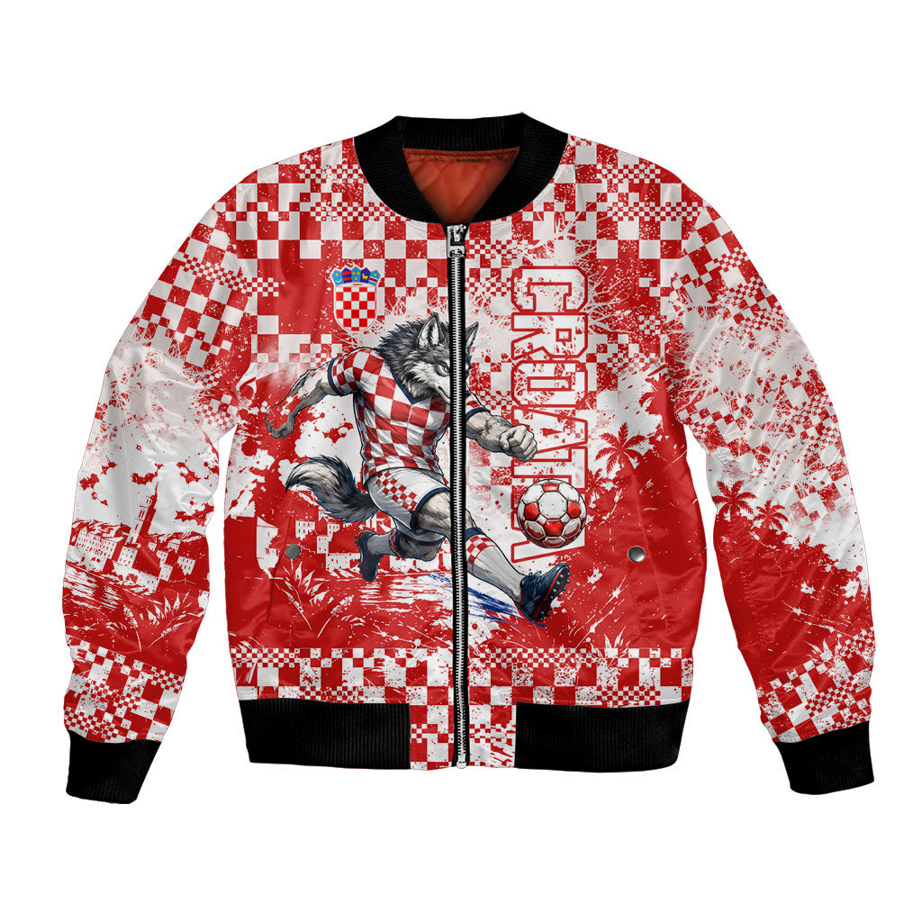 Personalized Croatia Football Wolf Mascot Bomber Jacket Checkerboard Soccer Pride - Splatter Textures