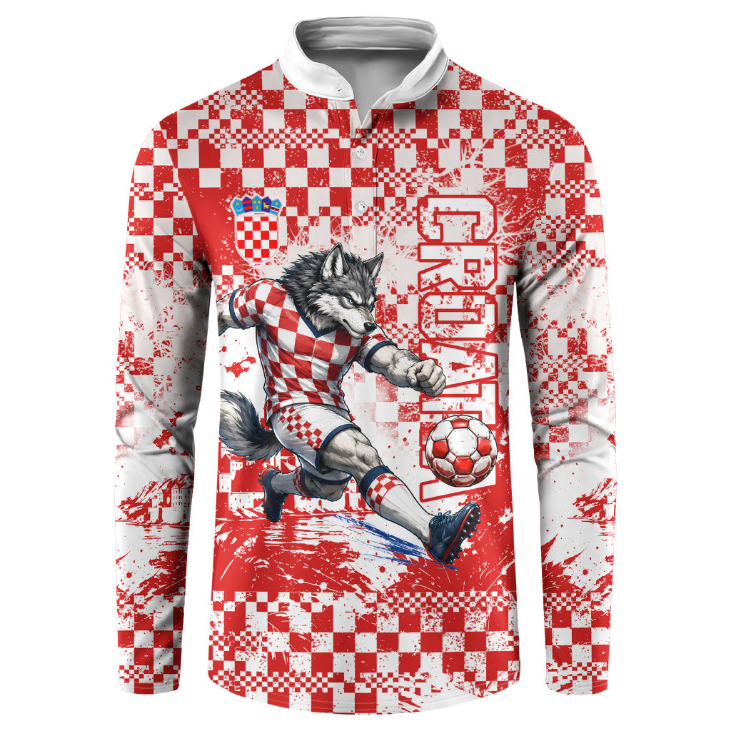 Personalized Croatia Football Wolf Mascot Button Sweatshirt Checkerboard Soccer Pride - Splatter Textures