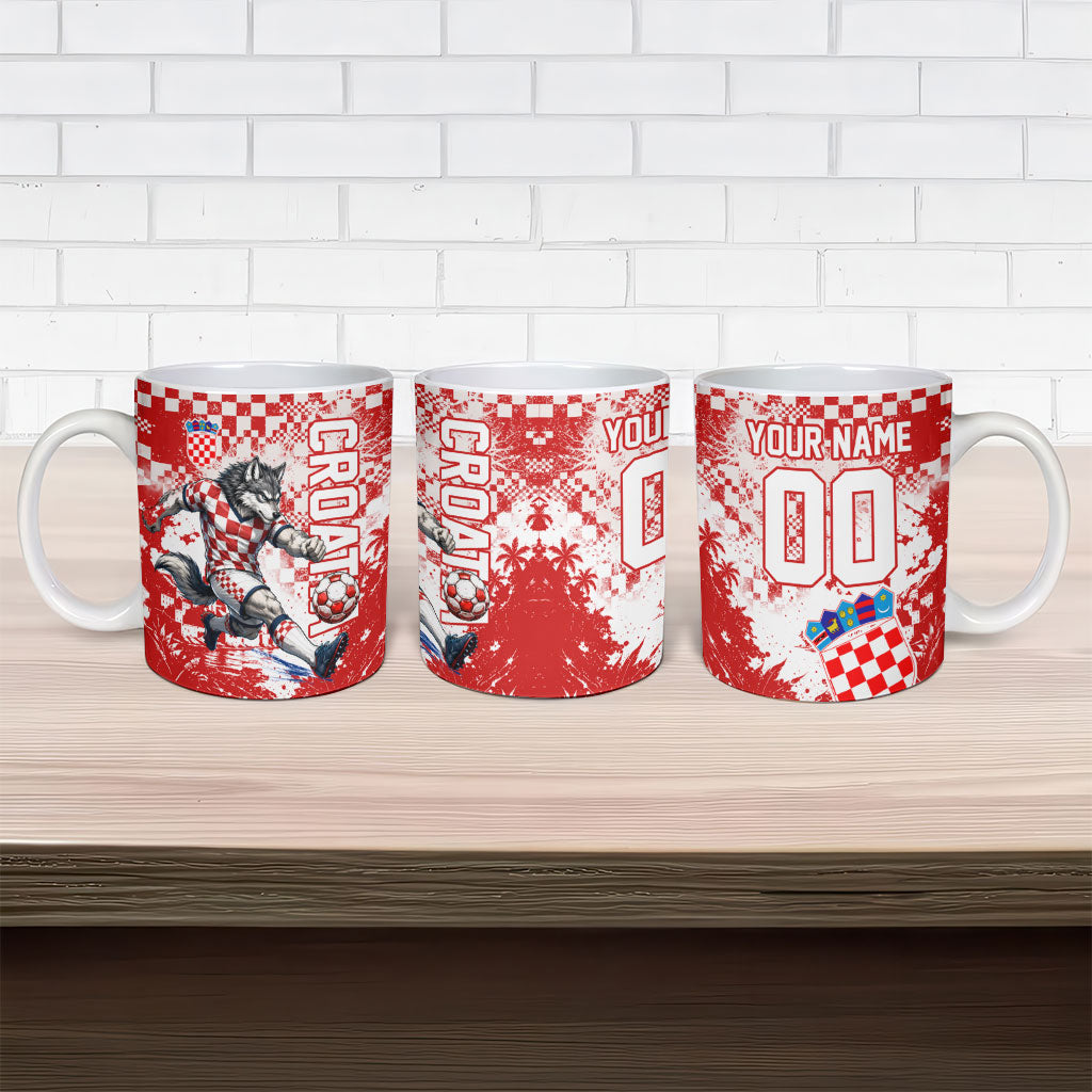 Personalized Croatia Football Wolf Mascot Ceramic Mug Checkerboard Soccer Pride - Splatter Textures