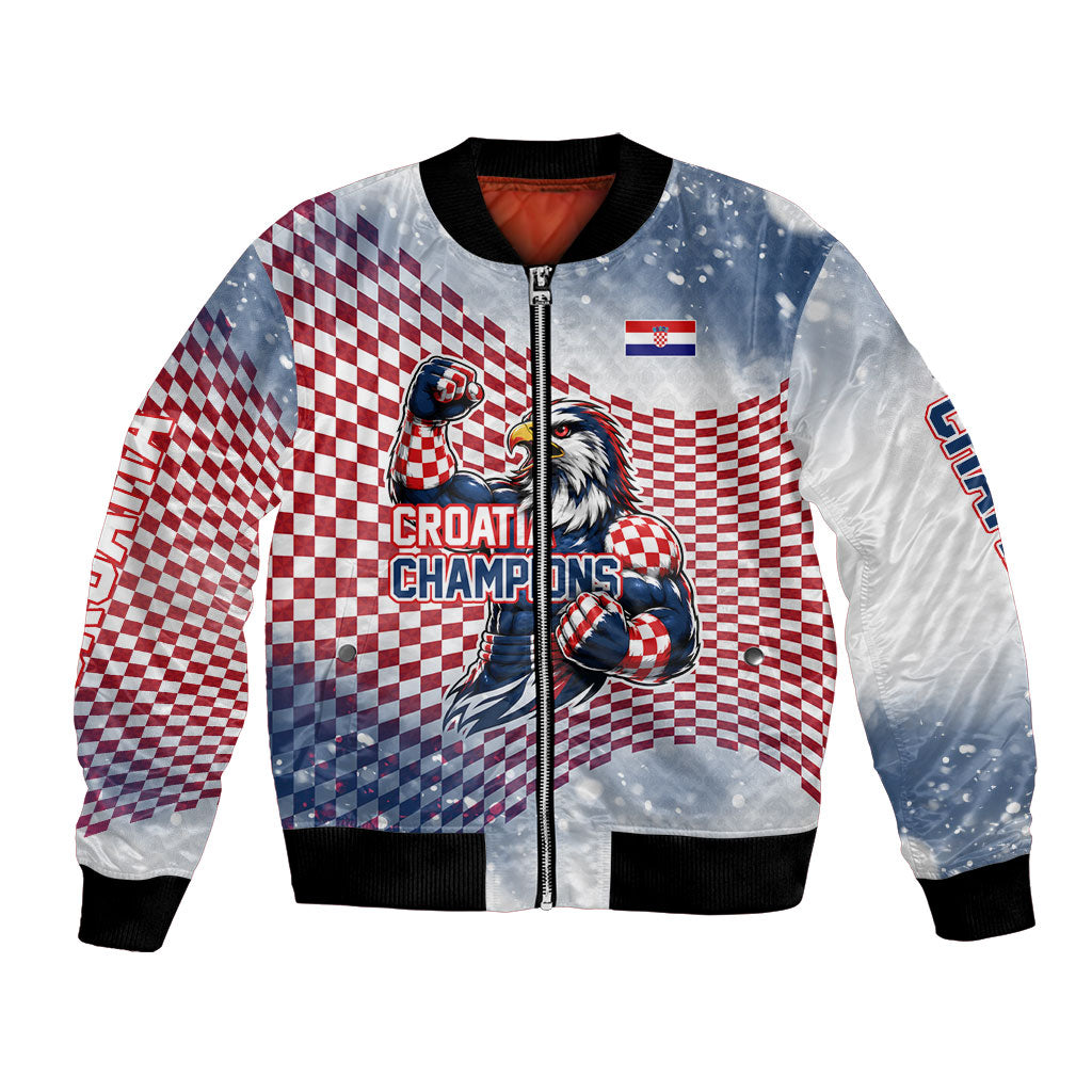 Personalized Croatia Football Eagle Mascot Bomber Jacket Checkerboard Pattern - Accent Splatters
