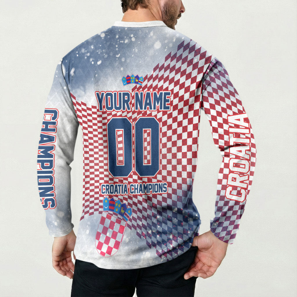 Personalized Croatia Football Eagle Mascot Button Sweatshirt Checkerboard Pattern - Accent Splatters