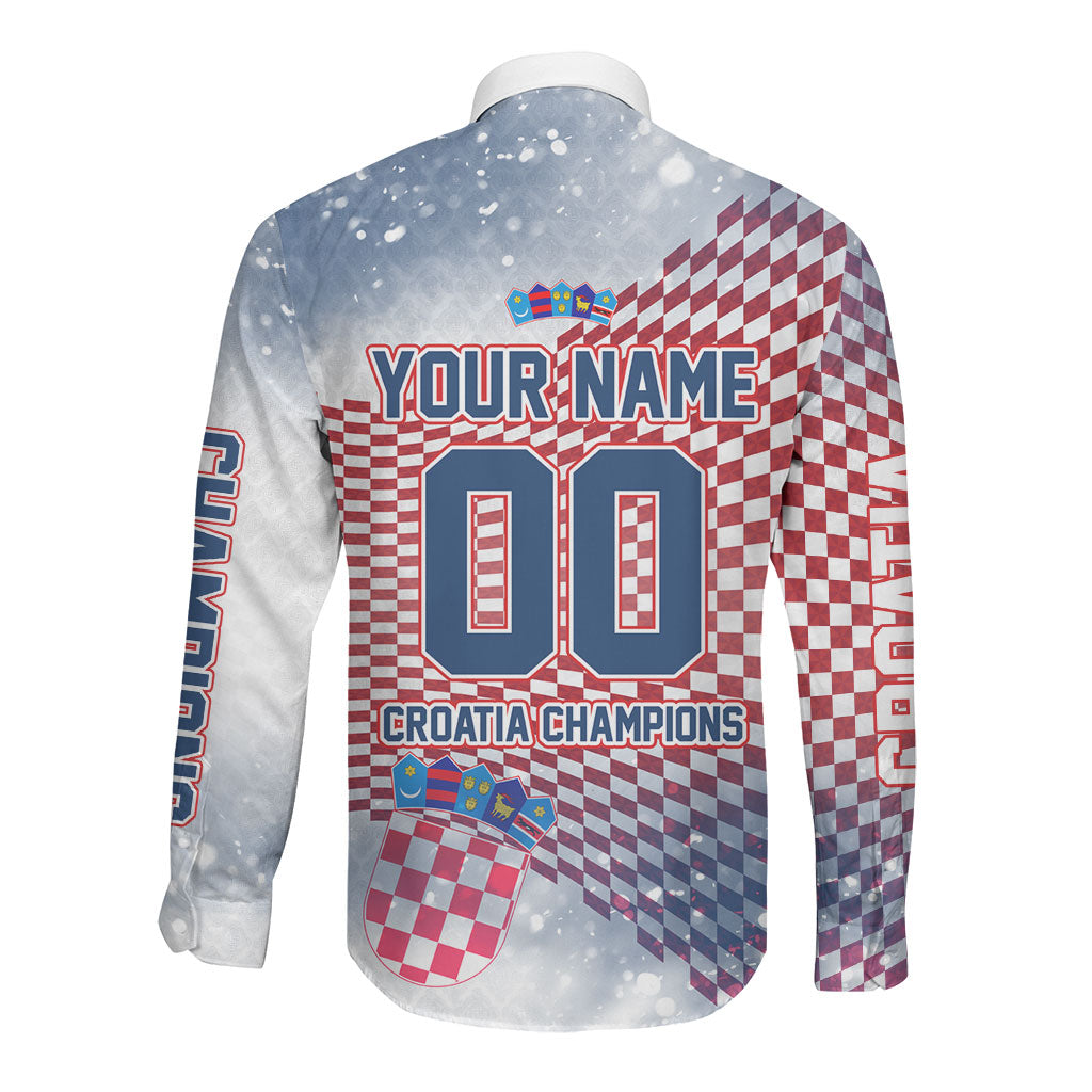 Personalized Croatia Football Eagle Mascot Long Sleeve Button Shirt Checkerboard Pattern - Accent Splatters
