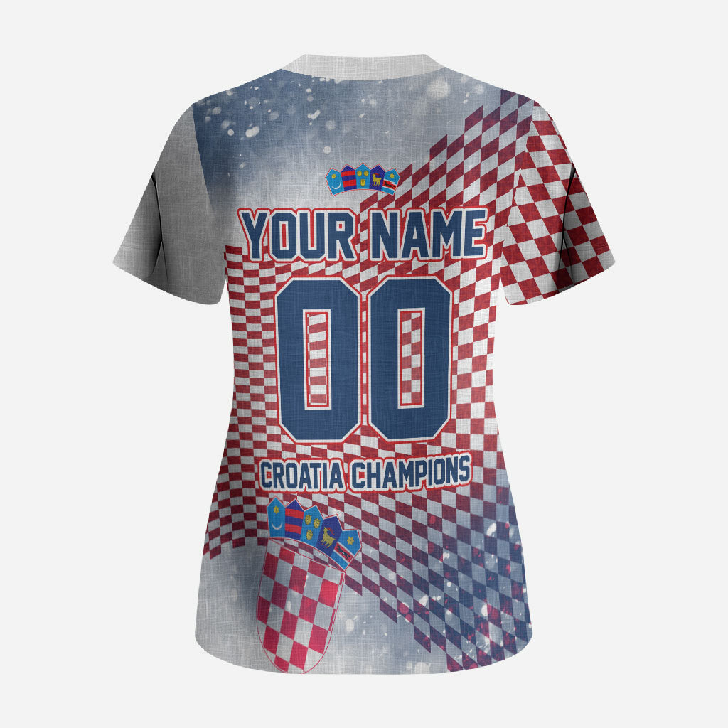 Personalized Croatia Football Eagle Mascot Scrub Top Checkerboard Pattern - Accent Splatters