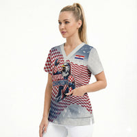 Personalized Croatia Football Eagle Mascot Scrub Top Checkerboard Pattern - Accent Splatters