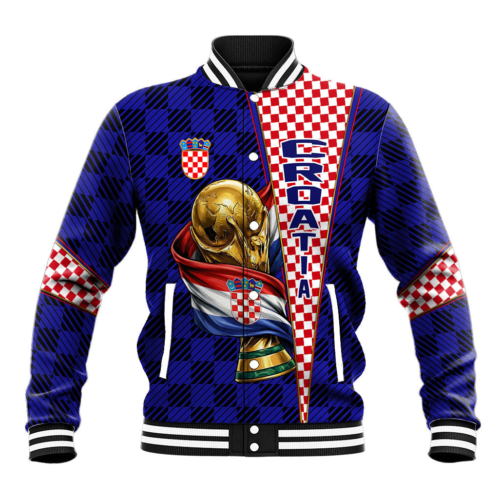 Personalized Croatia Football Baseball Jacket Checkerboard Graphic - Golden Champion Trophy And Flag