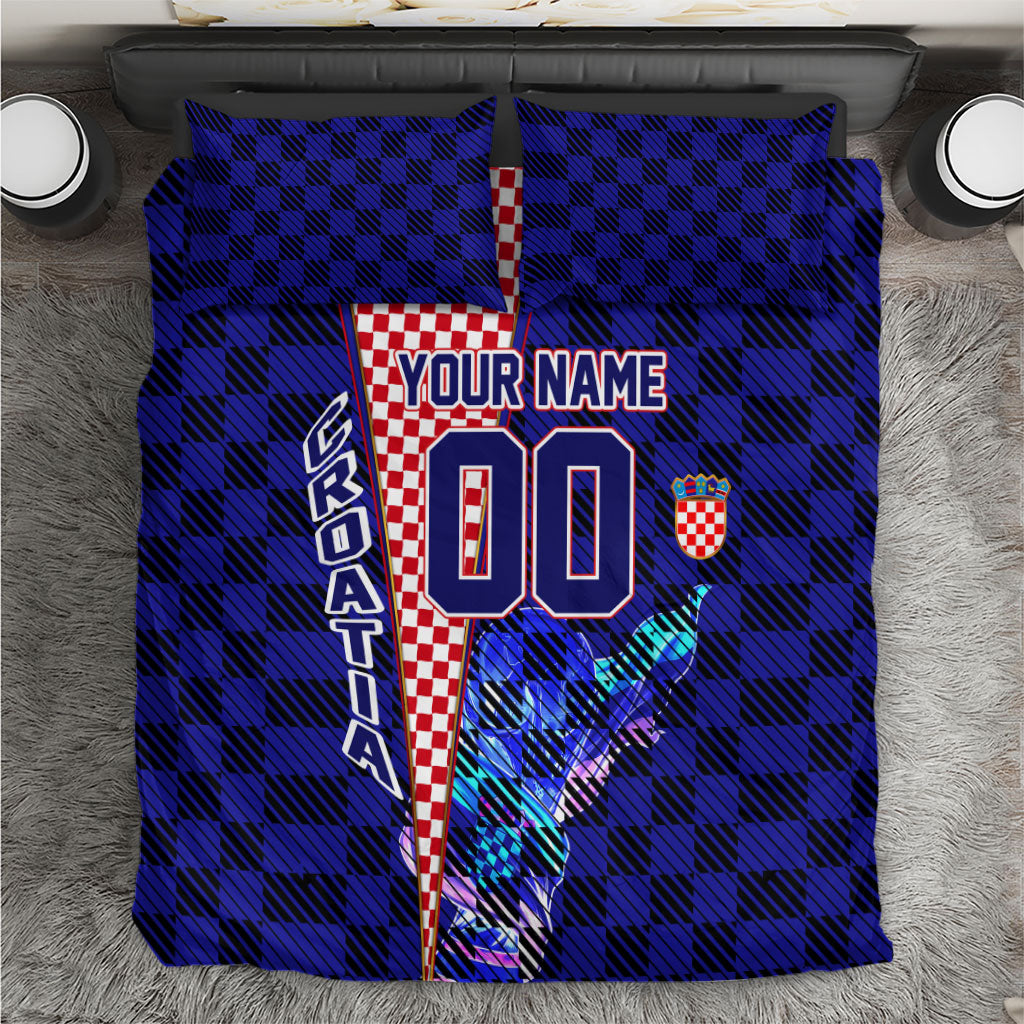 Personalized Croatia Football Bedding Set Checkerboard Graphic - Golden Champion Trophy And Flag