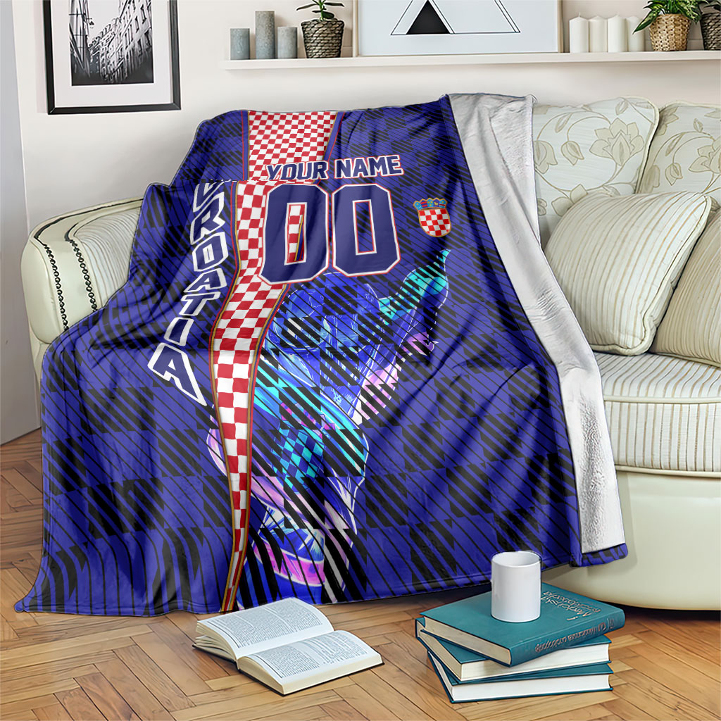 Personalized Croatia Football Blanket Checkerboard Graphic - Golden Champion Trophy And Flag