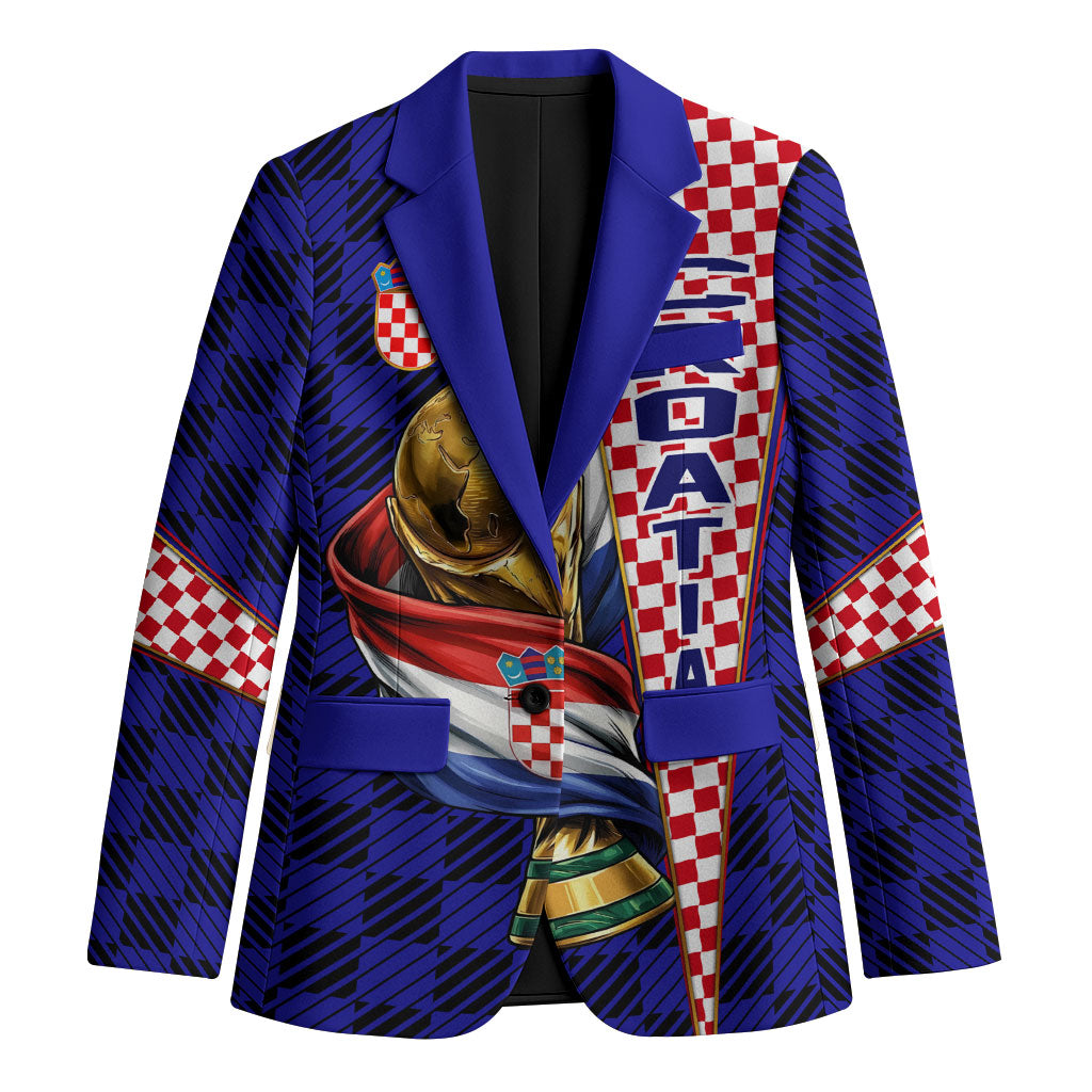 Personalized Croatia Football Blazer Checkerboard Graphic - Golden Champion Trophy And Flag