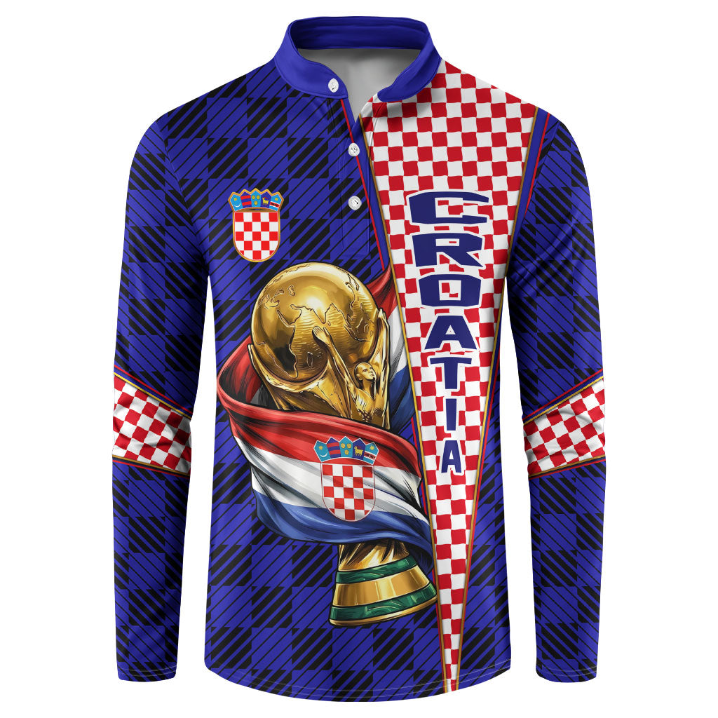 Personalized Croatia Football Button Sweatshirt Checkerboard Graphic - Golden Champion Trophy And Flag