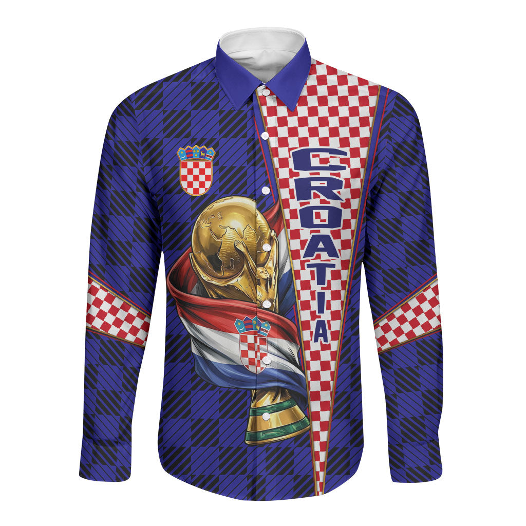 Personalized Croatia Football Long Sleeve Button Shirt Checkerboard Graphic - Golden Champion Trophy And Flag