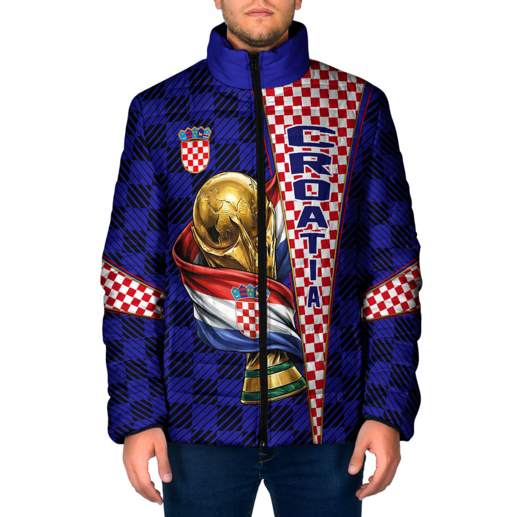 Personalized Croatia Football Padded Jacket Checkerboard Graphic - Golden Champion Trophy And Flag
