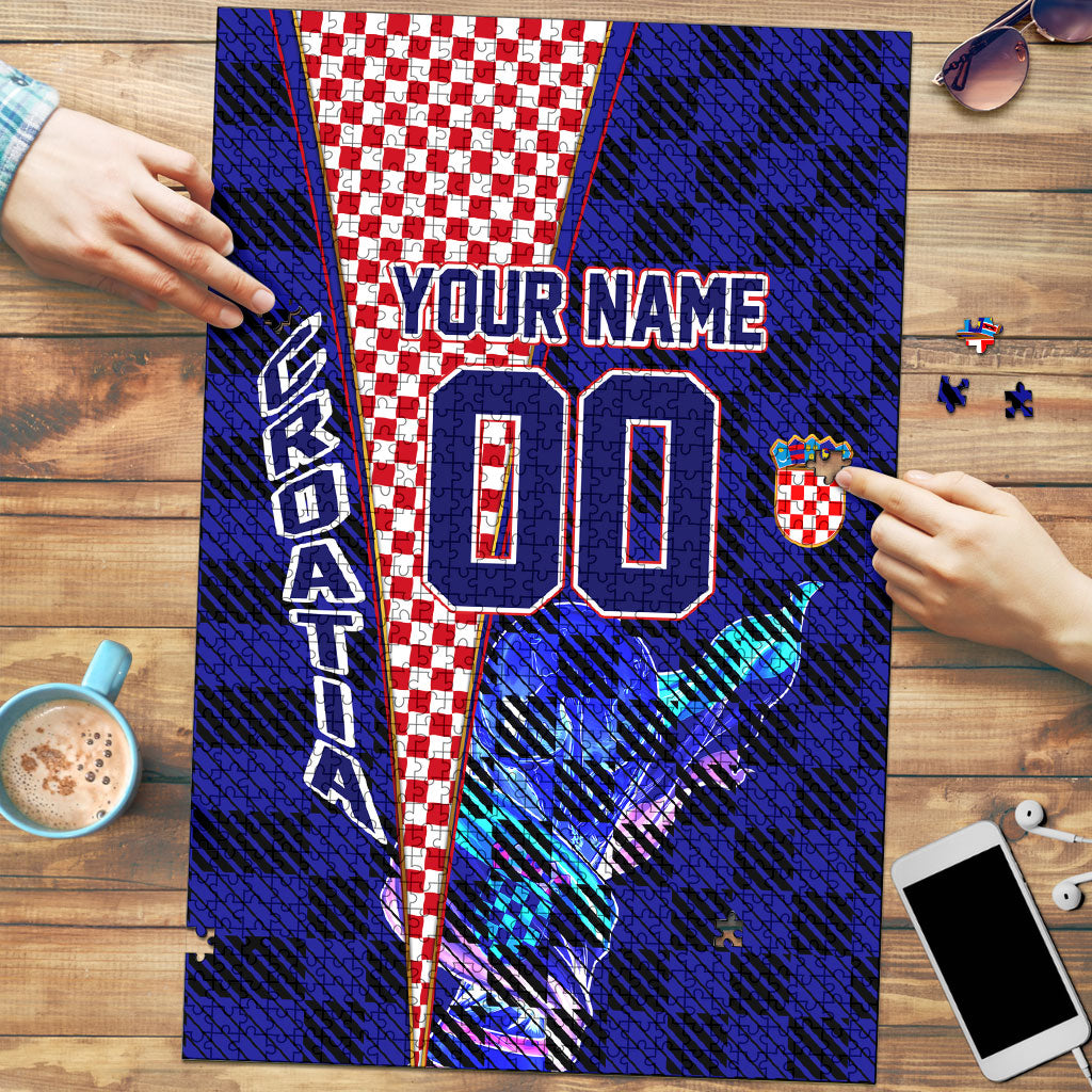 Personalized Croatia Football Puzzle Checkerboard Graphic - Golden Champion Trophy And Flag