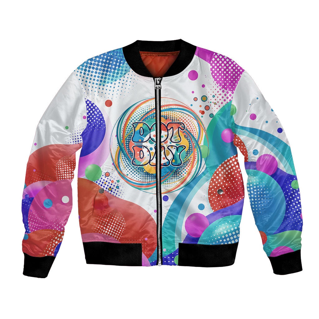 Happy Dot Day Bomber Jacket Colorful Swirling Polka Dots and Whimsical Smiley Flowers