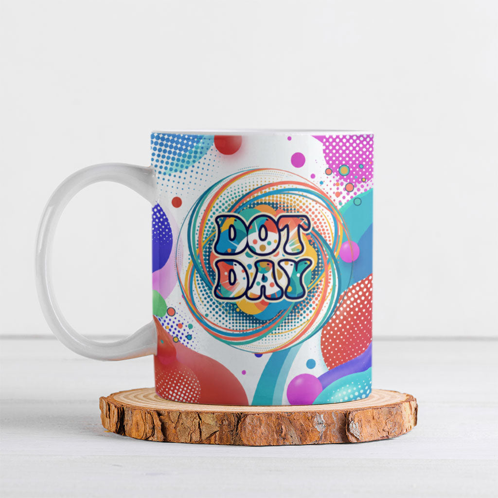 Happy Dot Day Ceramic Mug Colorful Swirling Polka Dots and Whimsical Smiley Flowers