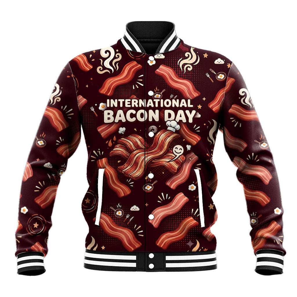 International Bacon Day Baseball Jacket Retro Bacon Pattern With Sizzling Skillet Graphic