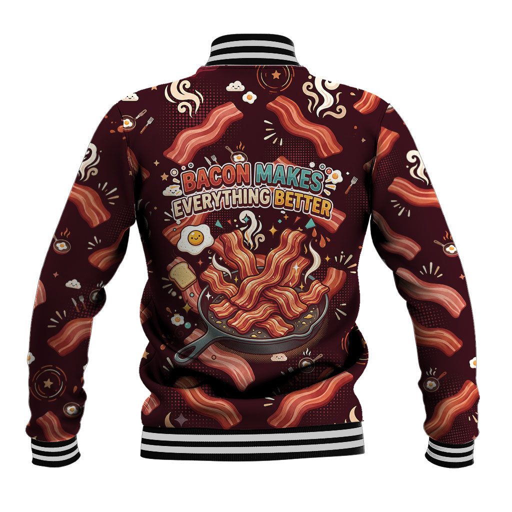 International Bacon Day Baseball Jacket Retro Bacon Pattern With Sizzling Skillet Graphic