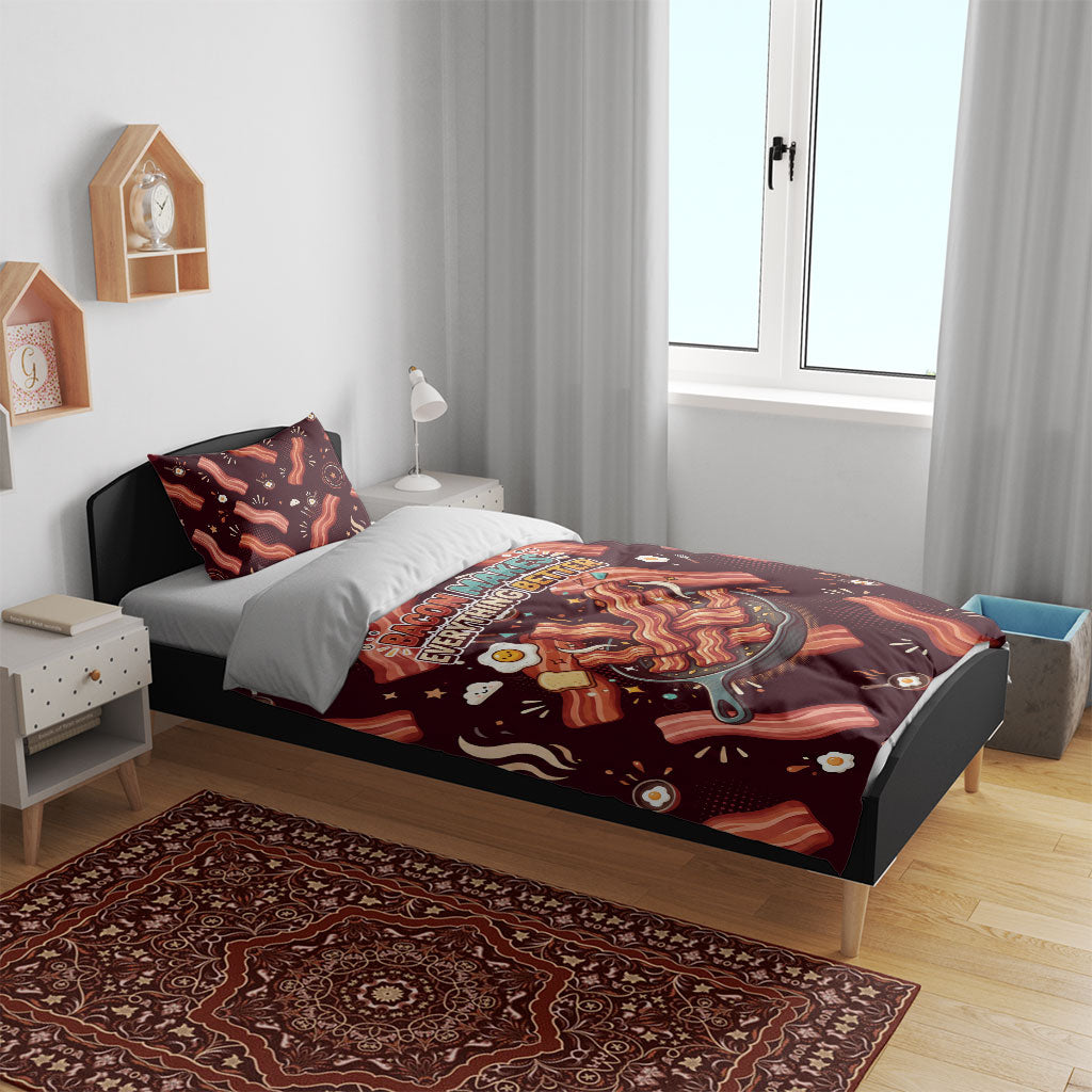 International Bacon Day Bedding Set Retro Bacon Pattern With Sizzling Skillet Graphic
