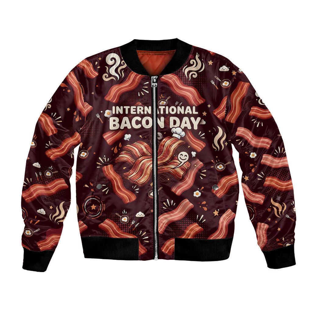 International Bacon Day Bomber Jacket Retro Bacon Pattern With Sizzling Skillet Graphic