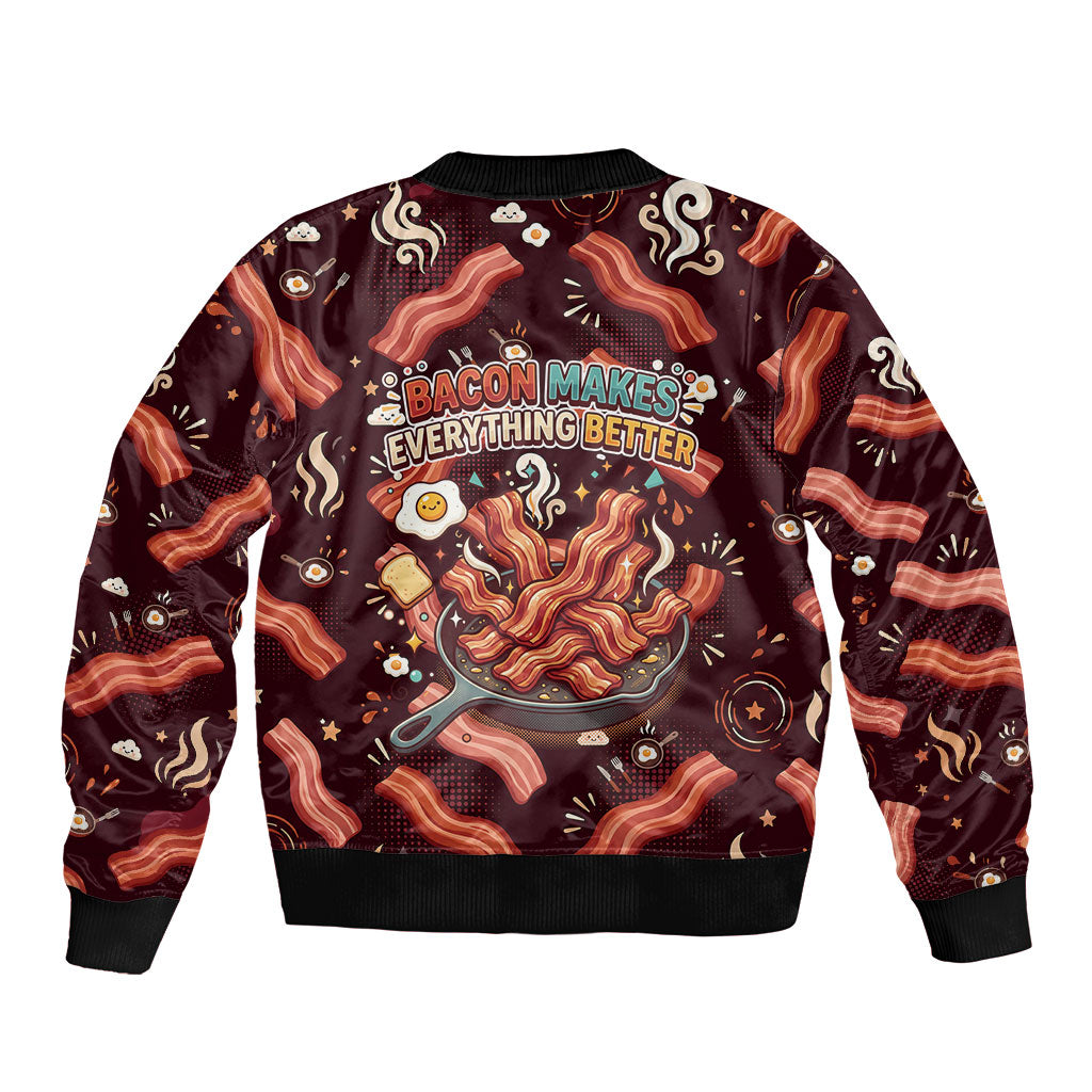 International Bacon Day Bomber Jacket Retro Bacon Pattern With Sizzling Skillet Graphic