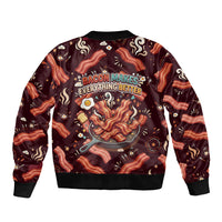 International Bacon Day Bomber Jacket Retro Bacon Pattern With Sizzling Skillet Graphic