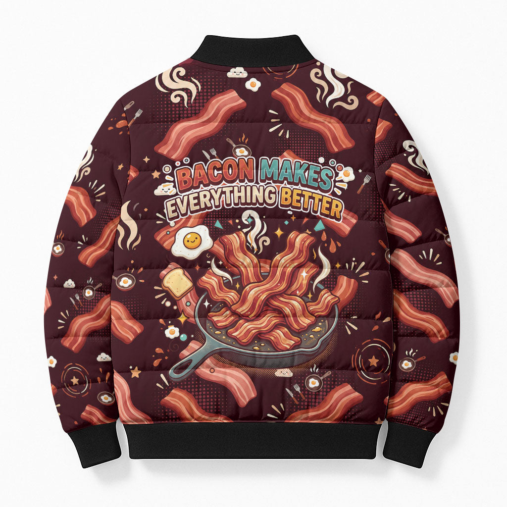 International Bacon Day Bomber Puffer Jacket Retro Bacon Pattern With Sizzling Skillet Graphic
