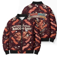 International Bacon Day Bomber Puffer Jacket Retro Bacon Pattern With Sizzling Skillet Graphic