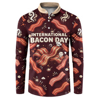 International Bacon Day Button Sweatshirt Retro Bacon Pattern With Sizzling Skillet Graphic