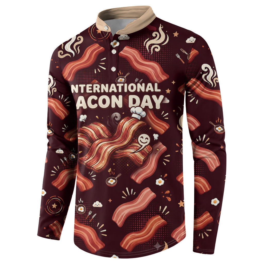 International Bacon Day Button Sweatshirt Retro Bacon Pattern With Sizzling Skillet Graphic