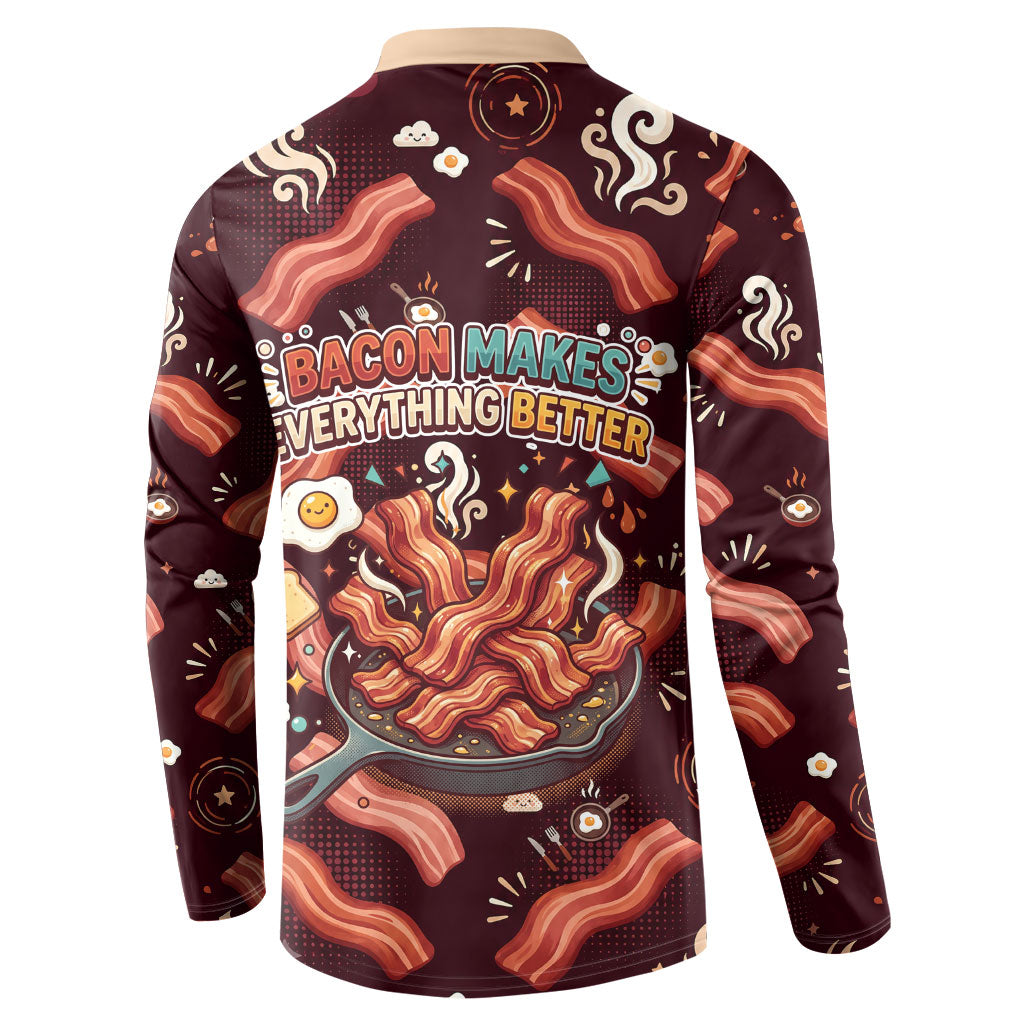International Bacon Day Button Sweatshirt Retro Bacon Pattern With Sizzling Skillet Graphic