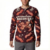 International Bacon Day Button Sweatshirt Retro Bacon Pattern With Sizzling Skillet Graphic