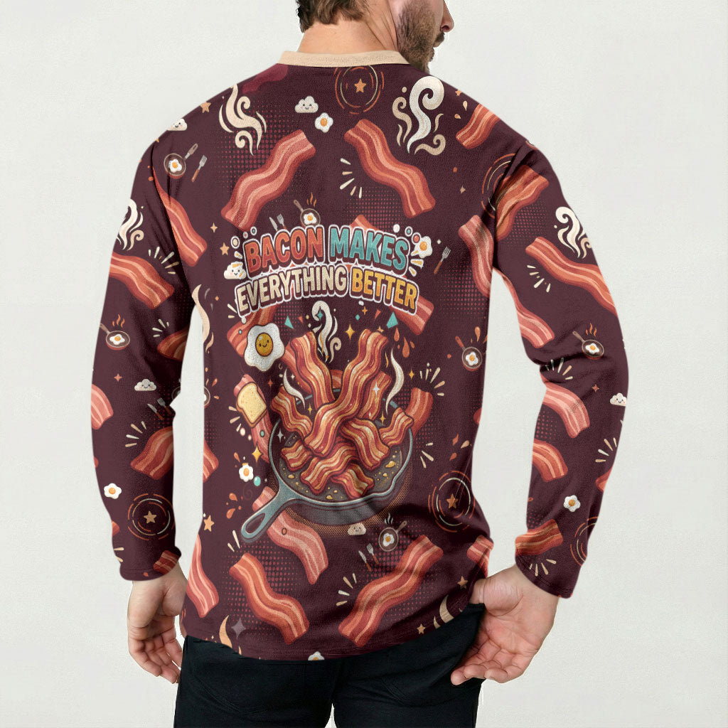 International Bacon Day Button Sweatshirt Retro Bacon Pattern With Sizzling Skillet Graphic