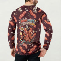 International Bacon Day Button Sweatshirt Retro Bacon Pattern With Sizzling Skillet Graphic