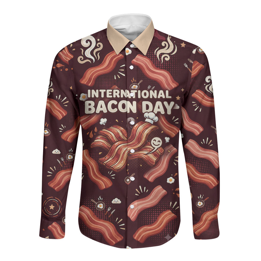 International Bacon Day Long Sleeve Button Shirt Retro Bacon Pattern With Sizzling Skillet Graphic