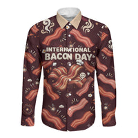 International Bacon Day Long Sleeve Button Shirt Retro Bacon Pattern With Sizzling Skillet Graphic