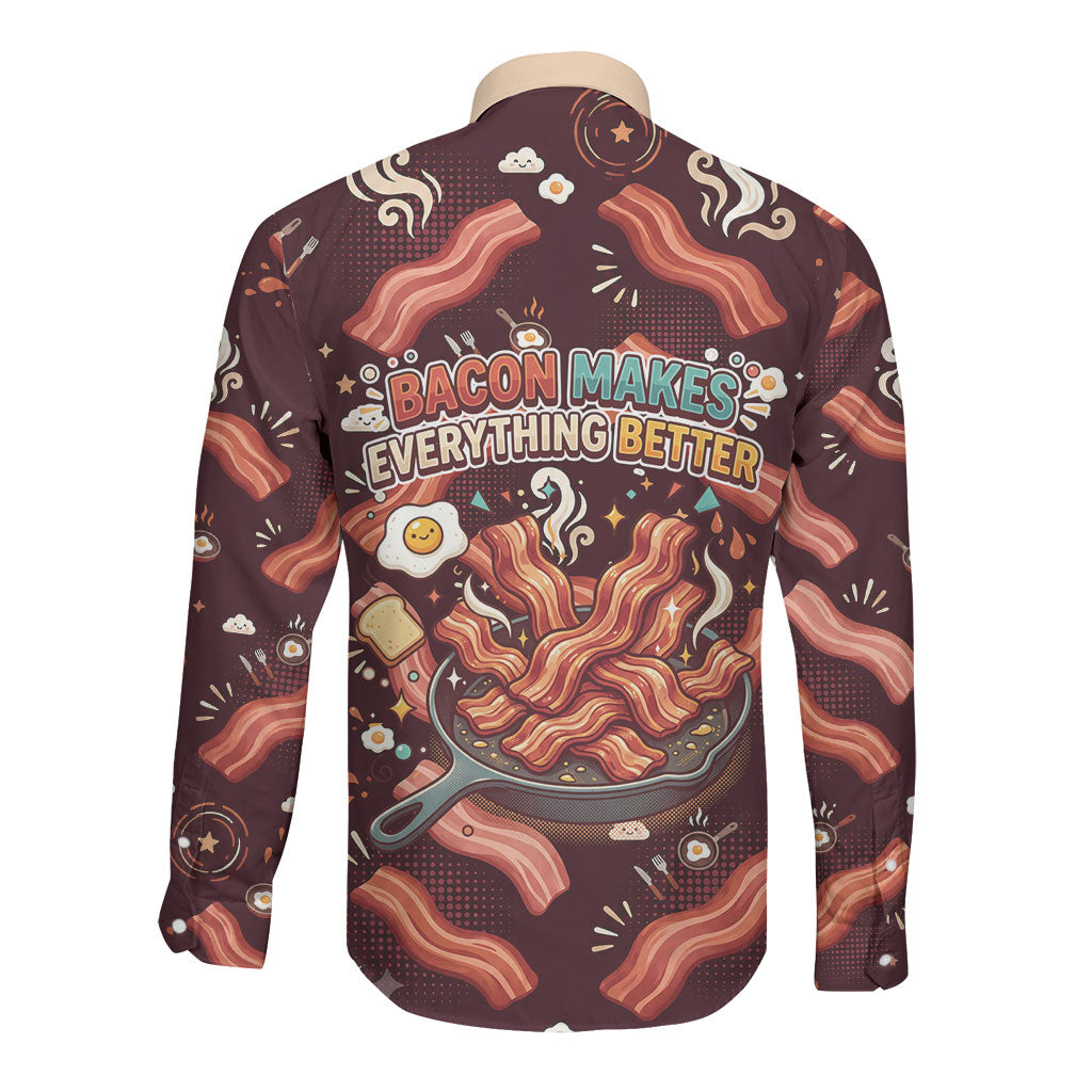 International Bacon Day Long Sleeve Button Shirt Retro Bacon Pattern With Sizzling Skillet Graphic