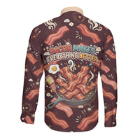 International Bacon Day Long Sleeve Button Shirt Retro Bacon Pattern With Sizzling Skillet Graphic