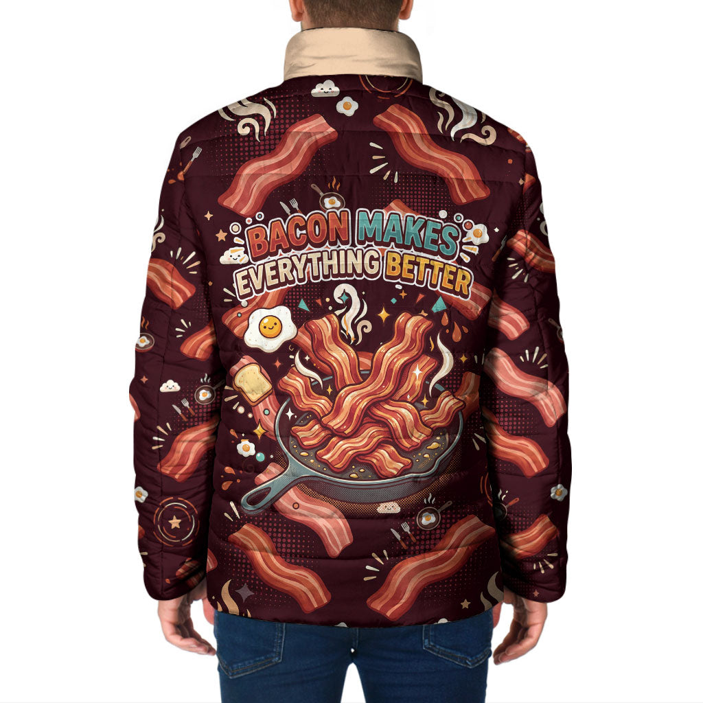 International Bacon Day Padded Jacket Retro Bacon Pattern With Sizzling Skillet Graphic