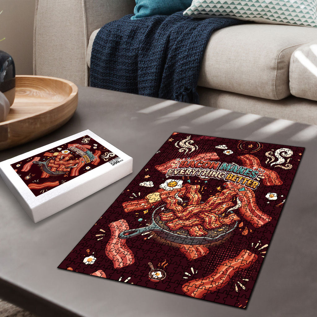 International Bacon Day Puzzle Retro Bacon Pattern With Sizzling Skillet Graphic