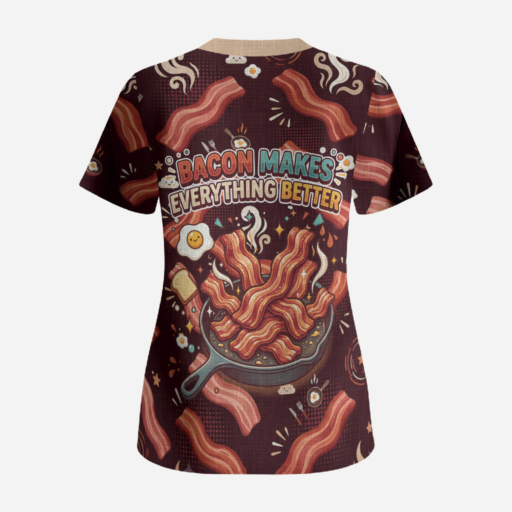 International Bacon Day Scrub Top Retro Bacon Pattern With Sizzling Skillet Graphic