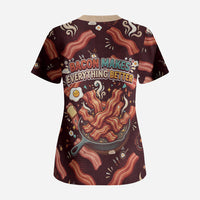 International Bacon Day Scrub Top Retro Bacon Pattern With Sizzling Skillet Graphic
