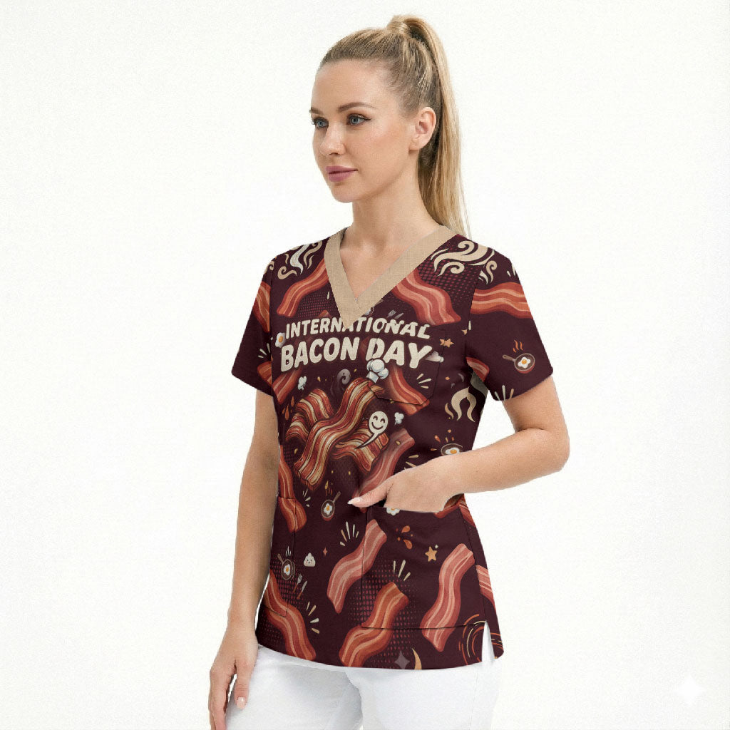 International Bacon Day Scrub Top Retro Bacon Pattern With Sizzling Skillet Graphic