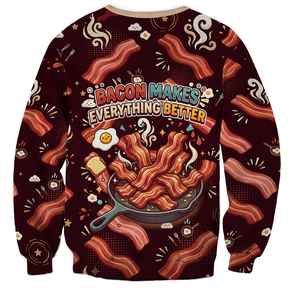 International Bacon Day Sweatshirt Retro Bacon Pattern With Sizzling Skillet Graphic