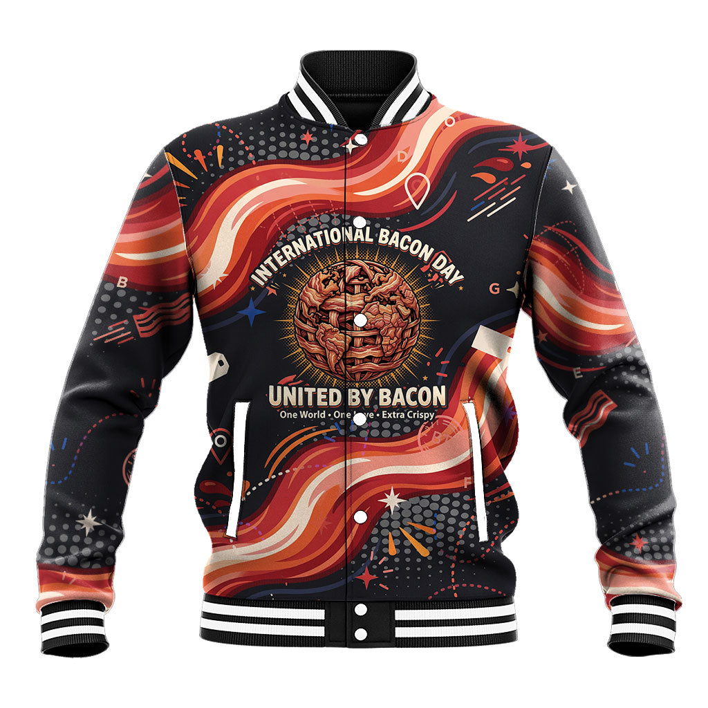 International Bacon Day United By Bacon Baseball Jacket Retro Bacon Globe and Cool Bacon Mascot Graphic